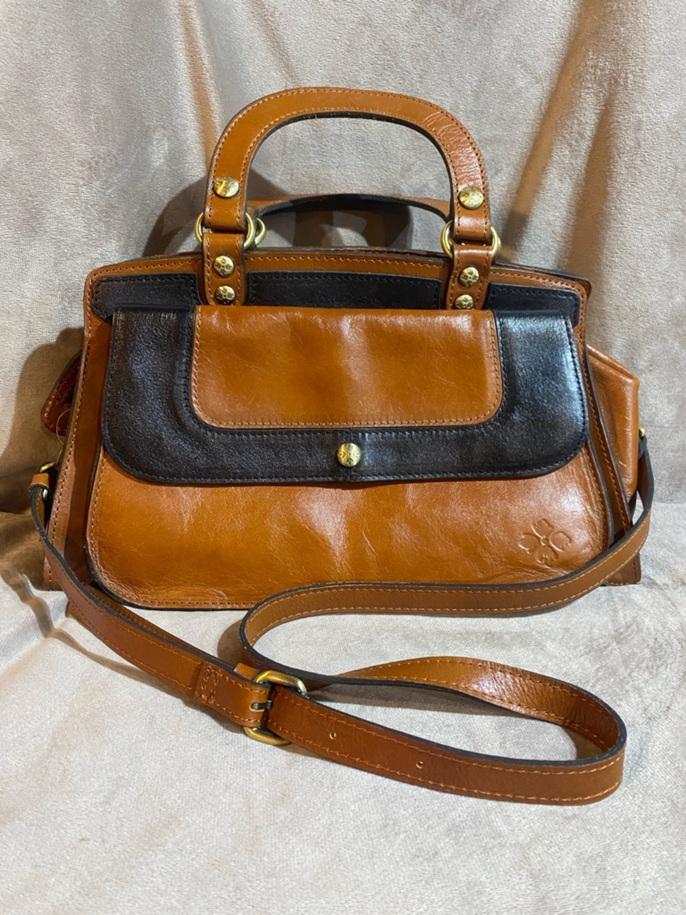 Patricia Nash Heritage Ravenna Satchel Leather Two-Tone Brown Crossbody Satchel
